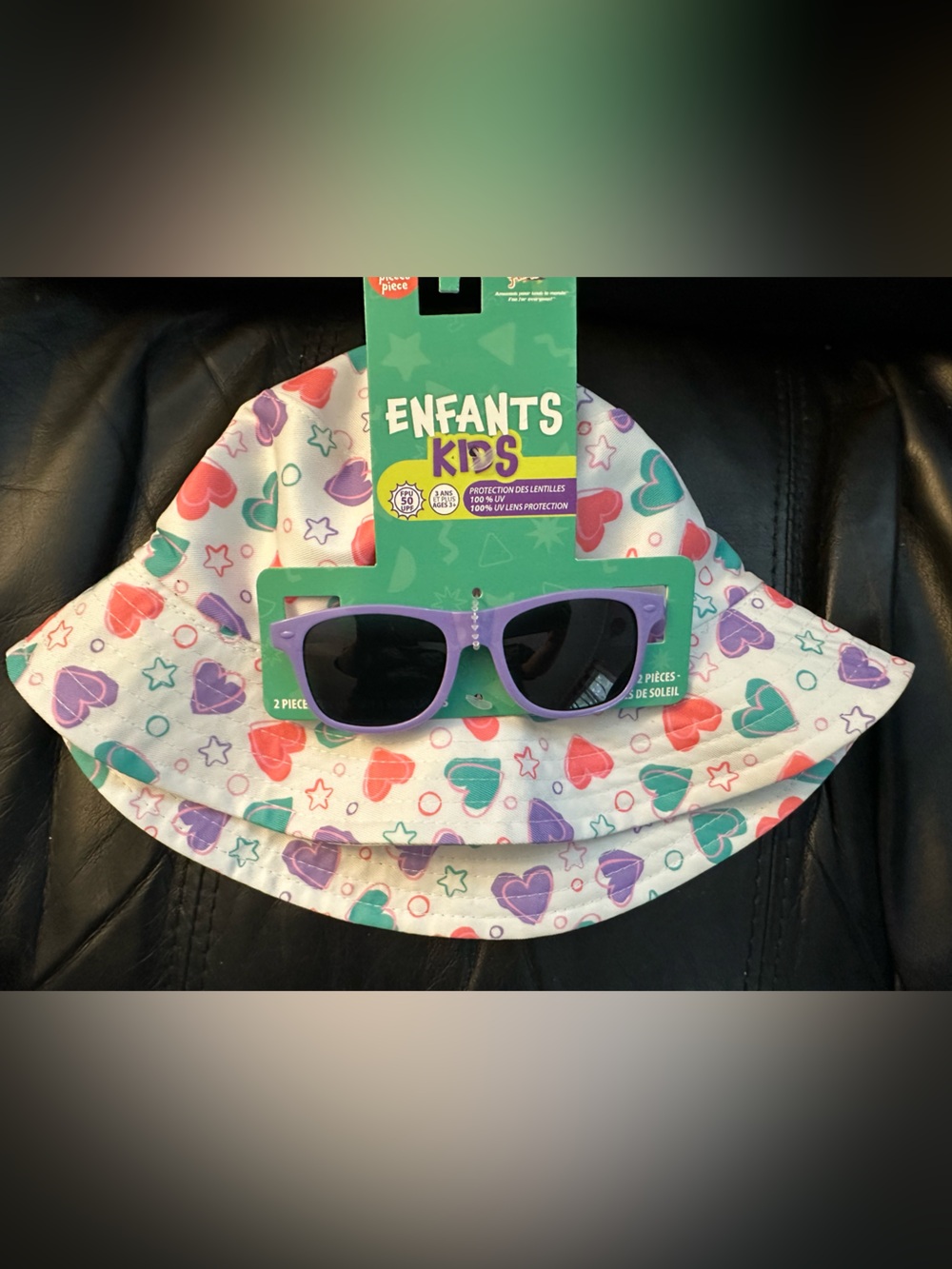 Kids Purple Sunglasses with Heart Print Bucket Hat Set